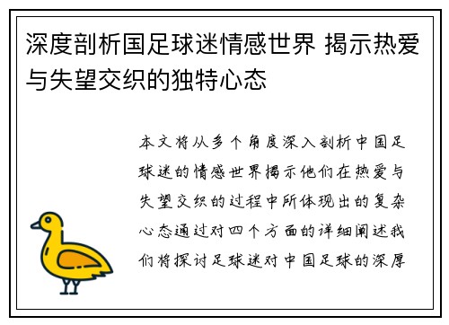 深度剖析国足球迷情感世界 揭示热爱与失望交织的独特心态